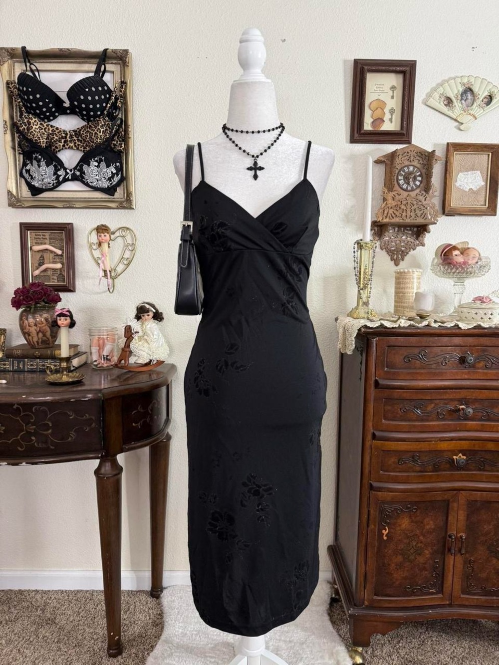 Vintage 90’s whimsigoth romantic black midi dress w velvet & glitter florals